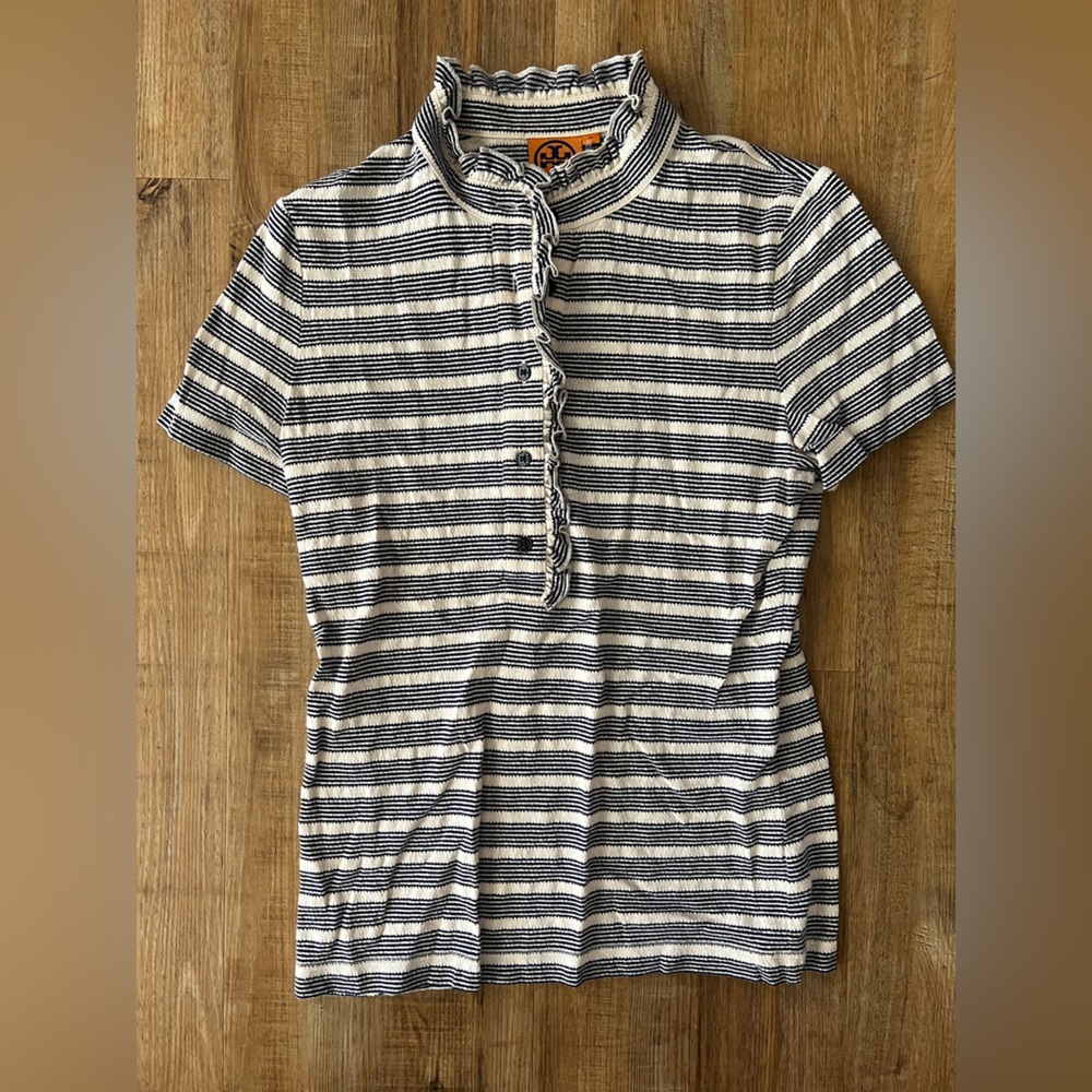 Tory Burch Size Medium blue and white striped shirt